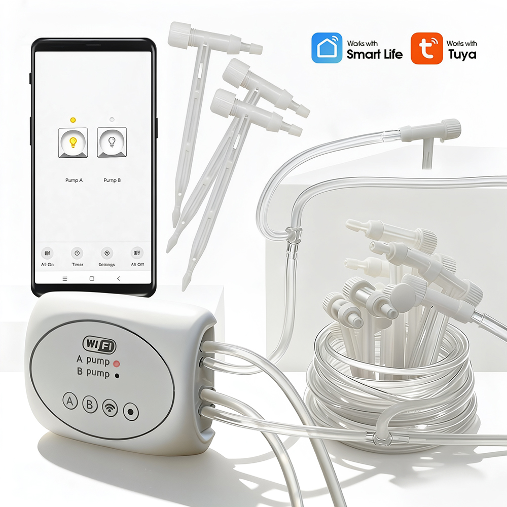 Timer Dual Outlet - Wifiタイマー付きデュアルコンセントポンプ点滴灌漑システム、家庭菜園用リモコン調整可能バルブ点滴アロー散水キット