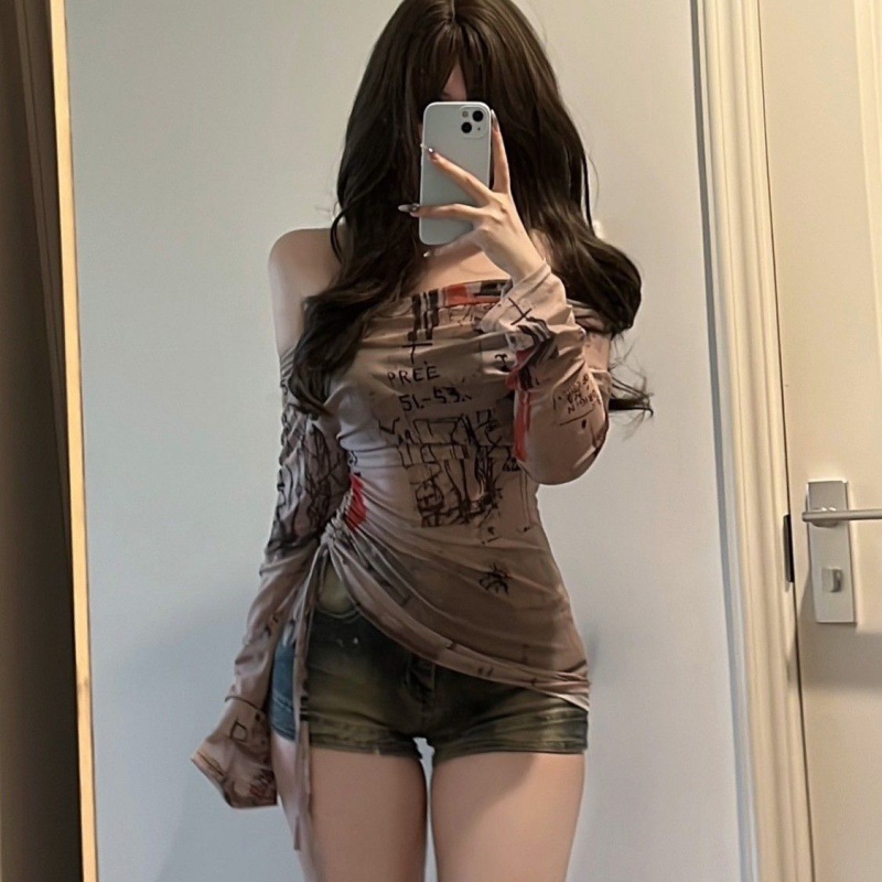 Screen Top Mesh - 長袖Tシャツ スパイシーガールスタイル ワンショルダー レディース 薄手メッシュスクリーン グラフィティプリント