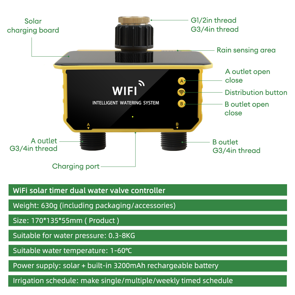 WiFi ソーラータイマー デュアルウォーターバルブ 2 つ - Timer Dual Outlet のレビューと価格